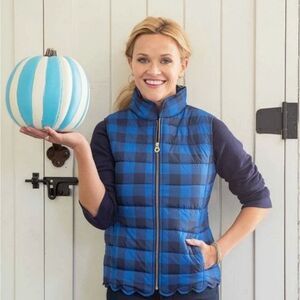 Draper James Women's Blue & Black Buffalo Plaid Scallop Hem Puffer Vest Size 6